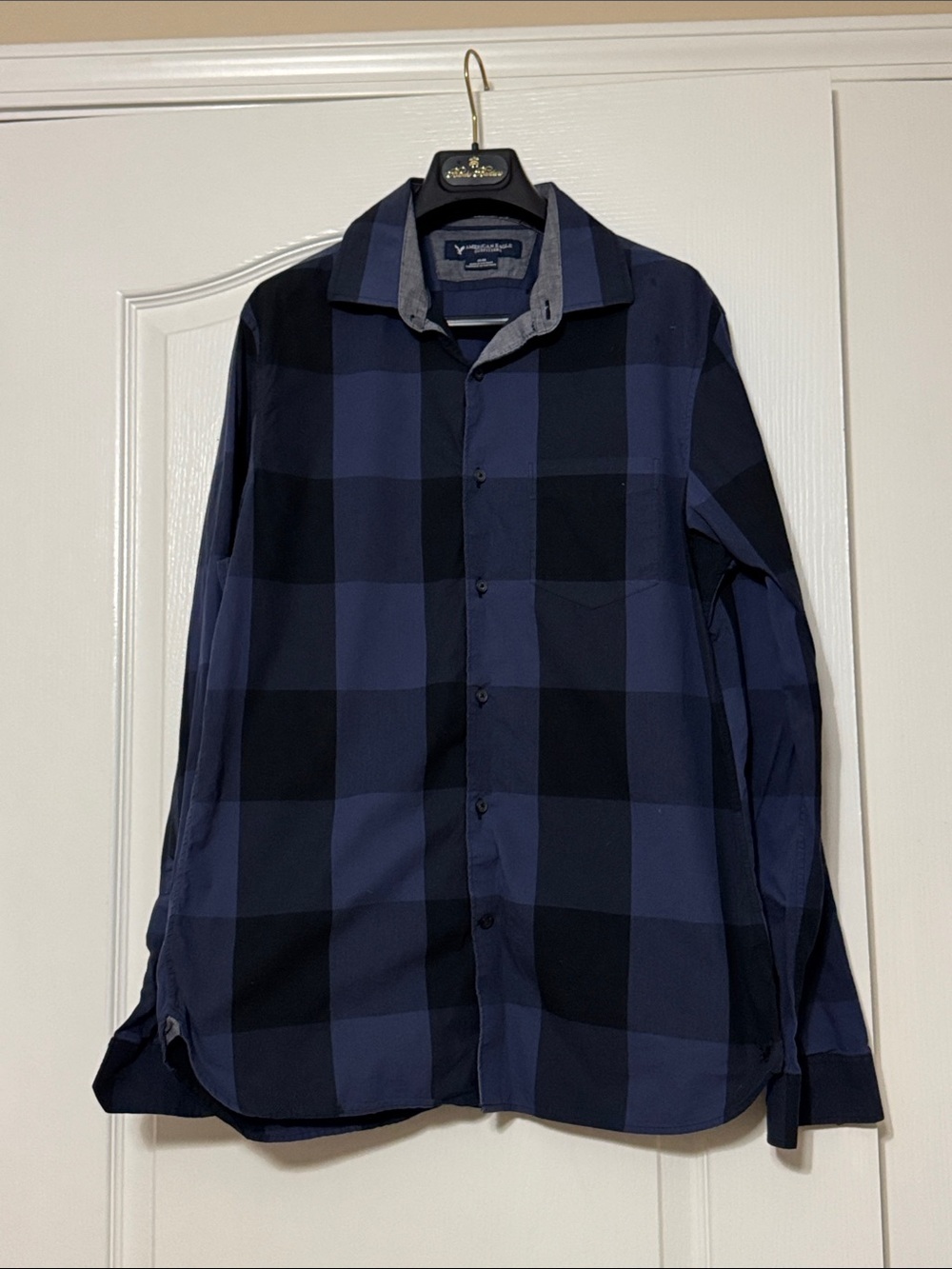 American Eagle Outfitters Navy and Black Plaid Button-Down Shirt